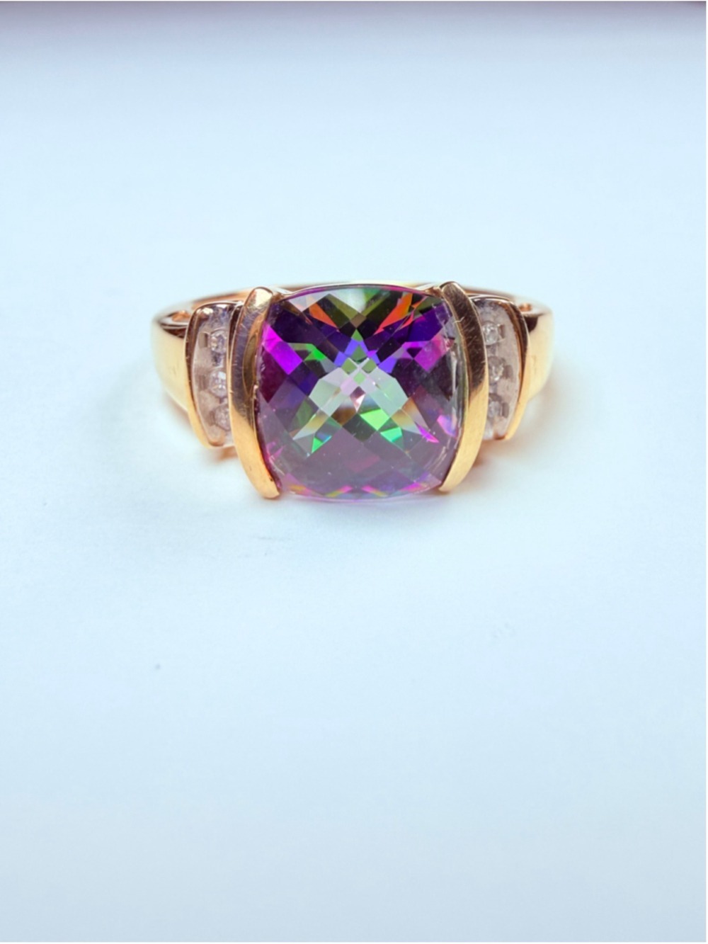 10K Solid Yellow Gold Diamond & Mystic Fire Topaz Imperial Albion Vintage Ring